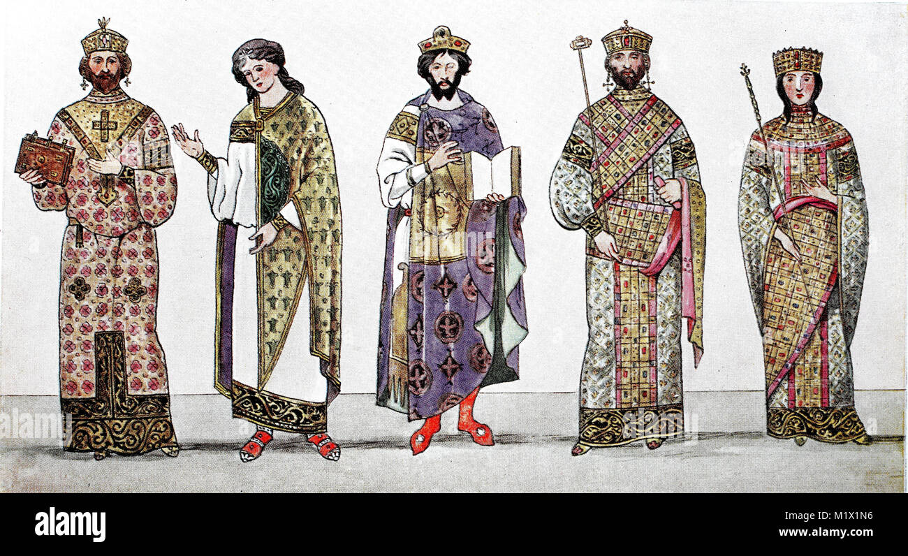 Les vêtements, la mode à la cour impériale de Byzance, 4. -11. Siècle, de gauche, l'Empereur Nicéphore IV dans le riche vêtement extérieur et accessoires des dirigeants oracle, couronne et les bijoux, des dignitaires dans le 11e siècle, l'empereur romain II avec couronne et empereur Nikephorus avec son épouse dans les ornements avec le sceptre et la couronne, l'amélioration numérique d'impression reproduction d'un original du 19ème siècle Banque D'Images