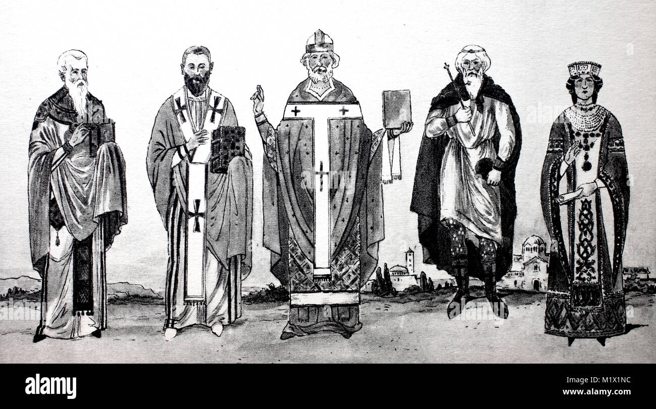 L'habillement, Mode, Moyen-Âge et de Byzance, l'Europe, 9e - 11e siècles, les ministres de la gauche, le patriarche grec au 9ème siècle, évêque de la Confession grecque en costume romain, le pallium, l'inscription d'un grand prêtre avec pallium, mosaïque dans l'église de San Marco à Venise, puis un moine Byzantin et l'Greek-Byzantine Impératrice autour de 1096, au moment de la première croisade, l'amélioration numérique d'impression reproduction d'un original du 19ème siècle Banque D'Images
