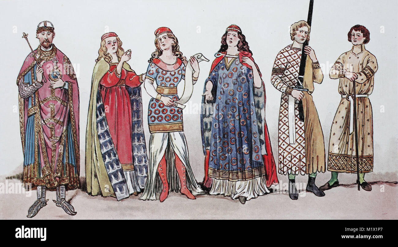 Les vêtements, la mode en Allemagne, les hommes et les femmes dans le 11ème et 12ème siècle, à partir de la gauche, le Roi Rodolphe de Souabe dans la robe de couronnement, puis trois femmes en costumes du 11e siècle, un porteur d'épée, à l'époque des Croisades et Un noble jeune homme dans une longue avec une ceinture, une amélioration numérique d'impression reproduction d'un original du 19ème siècle Banque D'Images