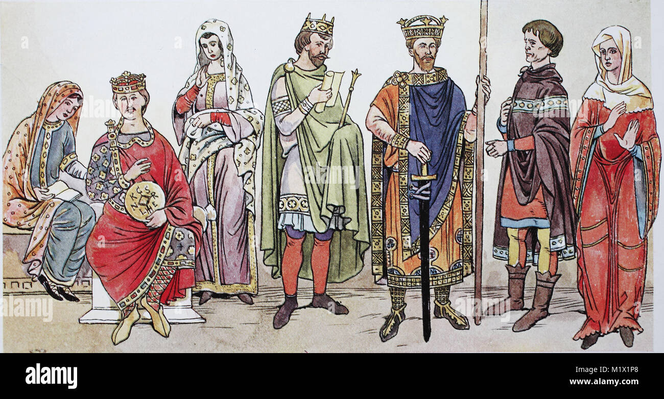 Les vêtements, la mode en Allemagne, Franconie les hommes et les femmes dans le 9ème-11ème siècle, à partir de la gauche, une femme noble franconienne, puis Charles le Chauve, premier roi de Westphalie, la France 840-877, une princesse, un roi carolingien, puis l'empereur Henri II, un homme de Franconie du 10ème siècle avec des bottes et une femme franc avec un voile de lin, l'amélioration numérique d'impression reproduction d'un original du 19ème siècle Banque D'Images