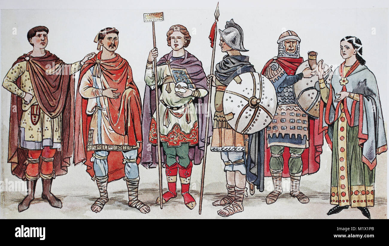 Les vêtements, la mode en Allemagne, Franconie au cours de la période mérovingienne et période carolingienne, dans le 7ème - 9ème siècle, à partir de la gauche, trois nobles de la Franconie, un guerrier franc avec un bouclier rond, un guerrier avec un casque et un Manteau femme de Franconie dans une chemise à manches longues, une amélioration numérique d'impression reproduction d'un original du 19ème siècle Banque D'Images