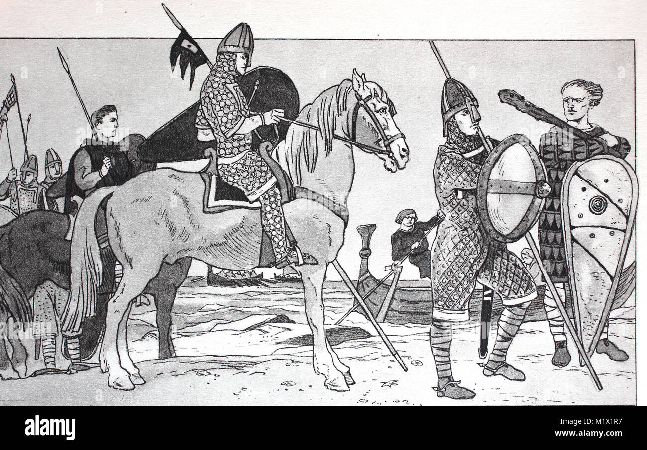L'habillement, la mode des guerriers anglo-saxons et normands du 11e - 14e siècles, représentant la bataille de Hastings, en 1066, sur un tapis brodé à Bayeux, Normandie, amélioration numérique d'impression reproduction d'un original du 19ème siècle Banque D'Images