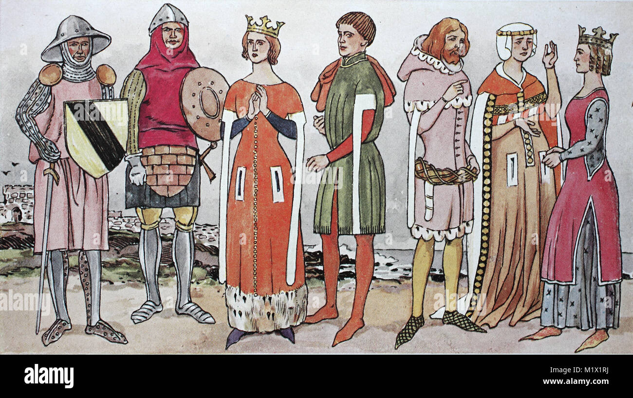 L'habillement, la mode, l'Angleterre au Moyen Âge, les costumes anglais du 14ème siècle, similaire à l'Burgundian-French Modes de la terre ferme, l'amélioration numérique d'impression reproduction d'un original du 19ème siècle Banque D'Images