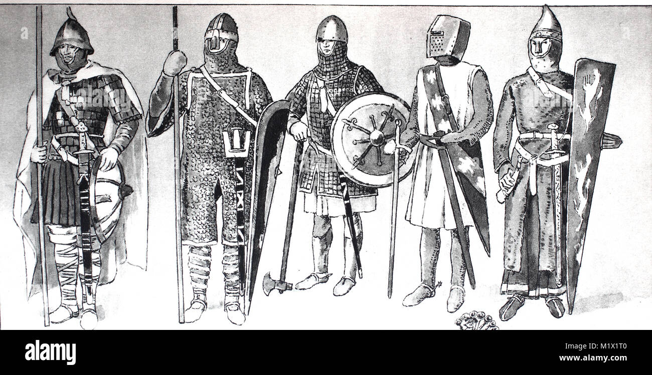 L'habillement, de la mode, des costumes de chevalier au Moyen Age, à partir  de la gauche, chevalier avec casque de fer sur le cuir et d'armes dans la  période carolingienne 800, chevalier