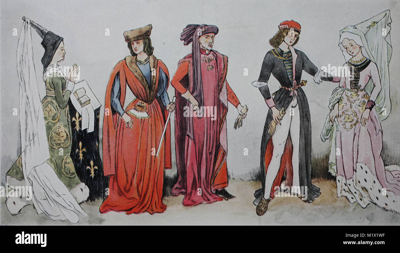 L'habillement, la mode en France, la mode bourguignonne à partir de 1425-1490, des costumes à la cour, à partir de la gauche, la Reine Charlotte de Savoie avec Hennin, jeune courtier, le duc Philippe le Bon dans le costume du Grand Maître de l'ordre de la Toison d'et de l'Archiduc Maximilien et son épouse Maria de la Bourgogne, l'amélioration numérique d'impression reproduction d'un original du 19ème siècle Banque D'Images