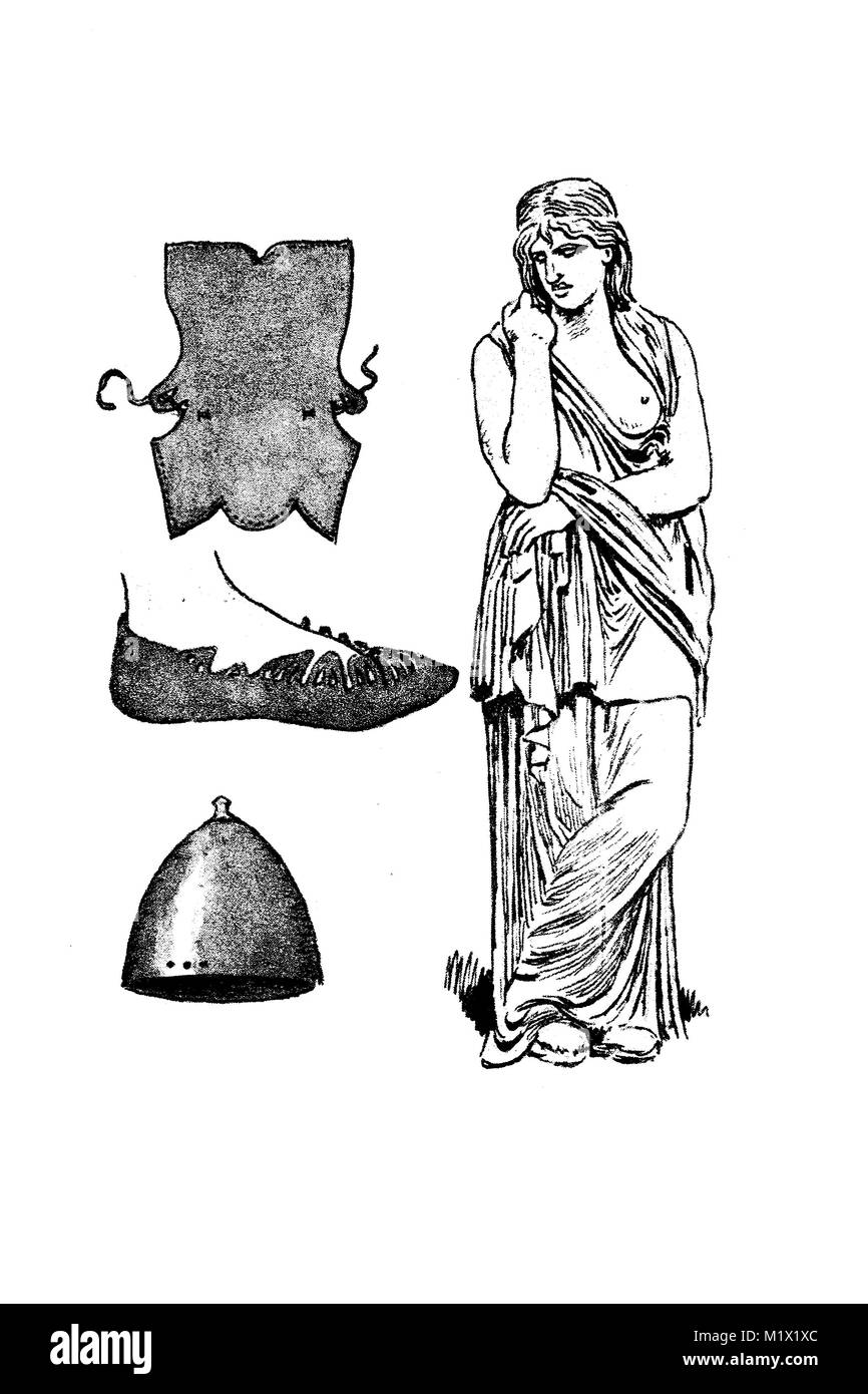 Des vêtements les Teutons à l'époque romaine et même plus heure, c.10 C.-B., le soi-disant ou du Germanin Thusnelda dans l'ancienne tenue, l'Roman-Greek gauche est une chaussure d'un morceau de fourrure, la soi-disant Bundschuh et un casque en bronze, l'amélioration numérique d'impression reproduction d'un original du 19ème siècle Banque D'Images
