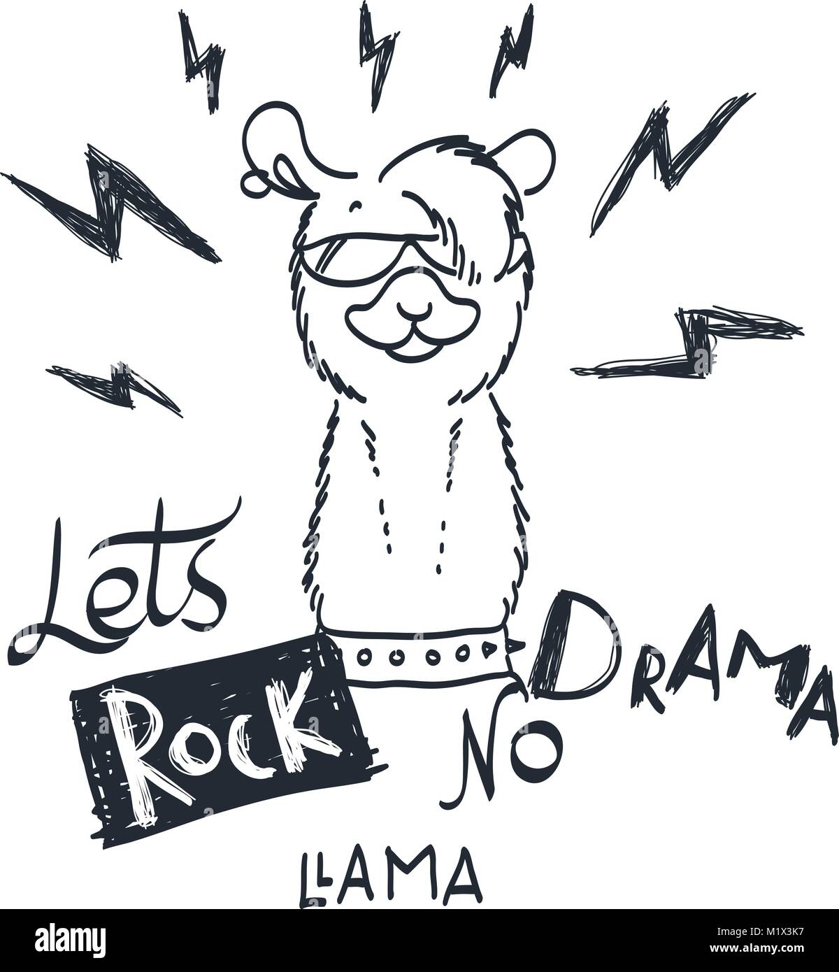 Carte cartoon Cute avec lama. Citation motivation et d'inspiration. Le gribouillage illustration. Lets rock, pas de drame, le lama Illustration de Vecteur