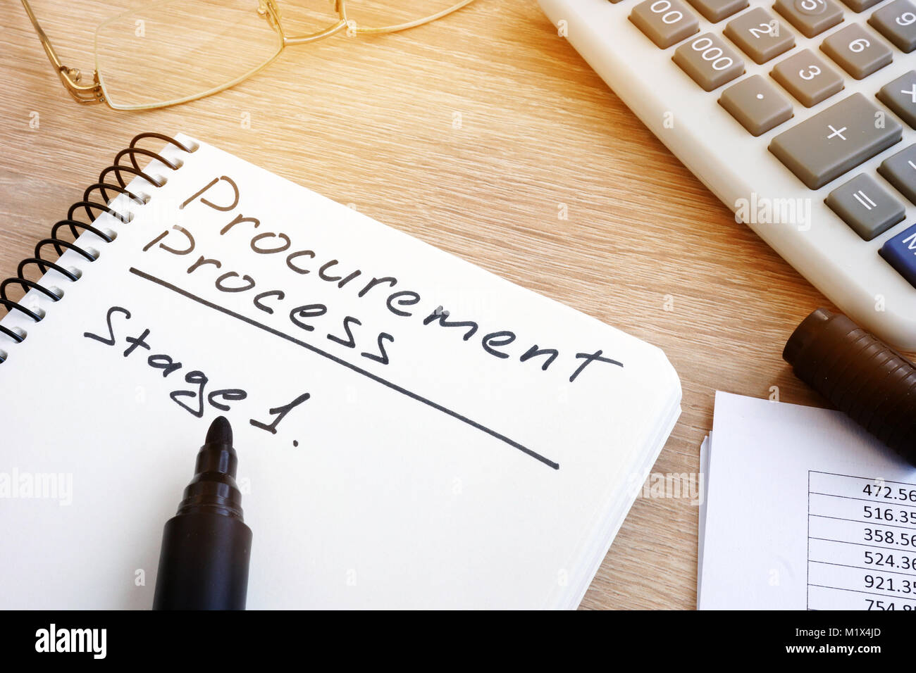 Liste des processus d'approvisionnement avec l'étape 1 dans une note. Banque D'Images