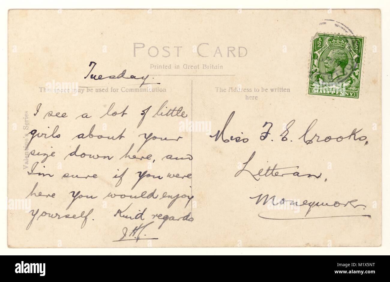 Inverse de WW1 Valentines ère carte postale Série, affranchis et avec le roi George V la moitié des timbres du Royaume-Uni, penny vers 1915 Banque D'Images