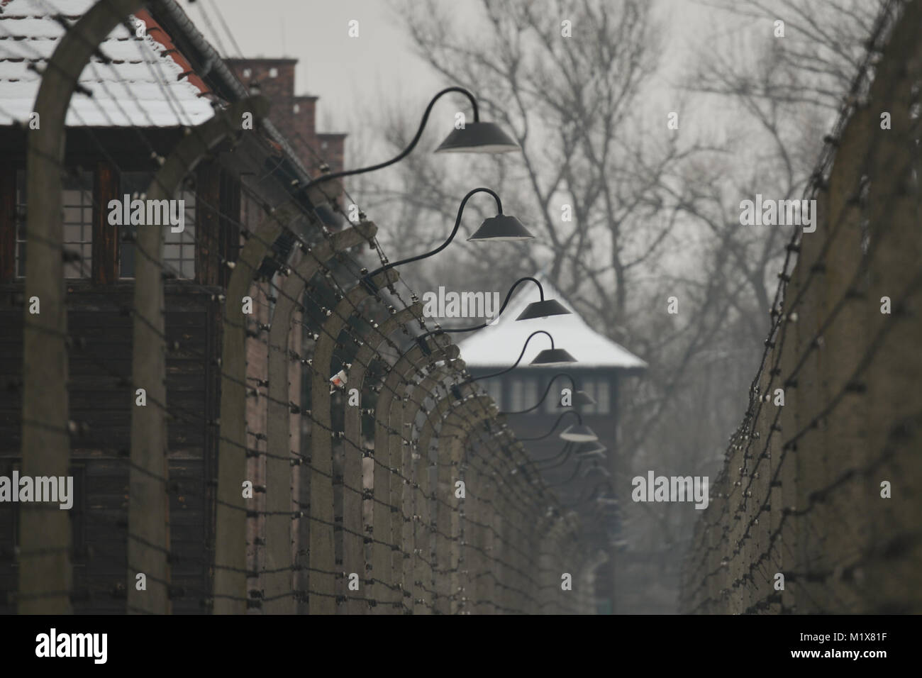 Des barbelés et des barrières à l'intérieur de Auschwitz I allemand nazi de concentration et d'extermination camp sur le 73e anniversaire de la libération par l'Armée Rouge. Banque D'Images