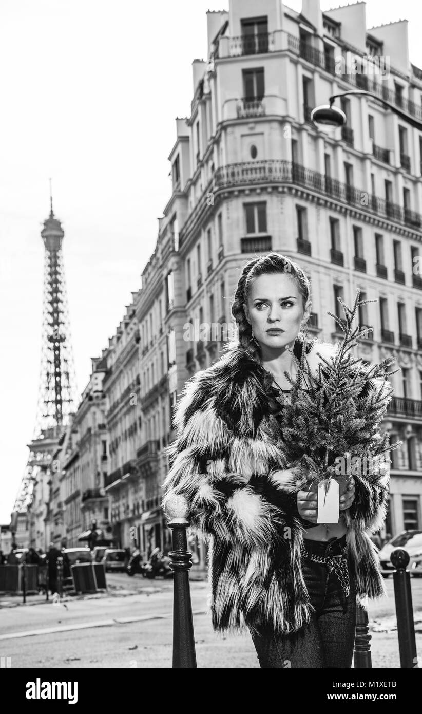 Extrêmement chaud d'hiver à la mode à Paris. Portrait de femme à la mode avec l'arbre de Noël à Paris, France à la recherche de côté Banque D'Images