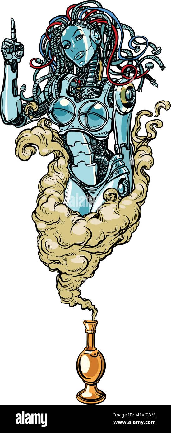 Isolé sur fond blanc. Robot femelle le génie de la lampe Illustration de Vecteur