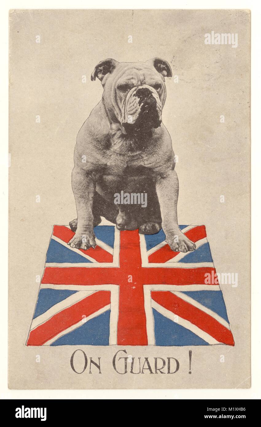 Carte postale patriotique originale de l'époque de la première Guerre mondiale avec un bouledogue britannique assis sur un Union Jack. « On Guard » avertit le conducteur. 1914, Royaume-Uni Banque D'Images