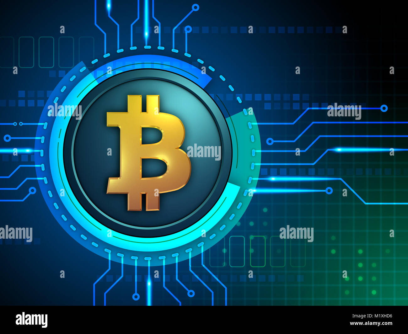 Symbole des bitcoins sur une conception de circuit. 3D illustration. Banque D'Images