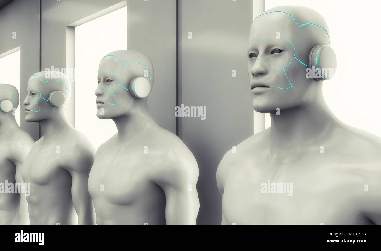 3D render. Figure humanoïde et intérieur futuriste Banque D'Images