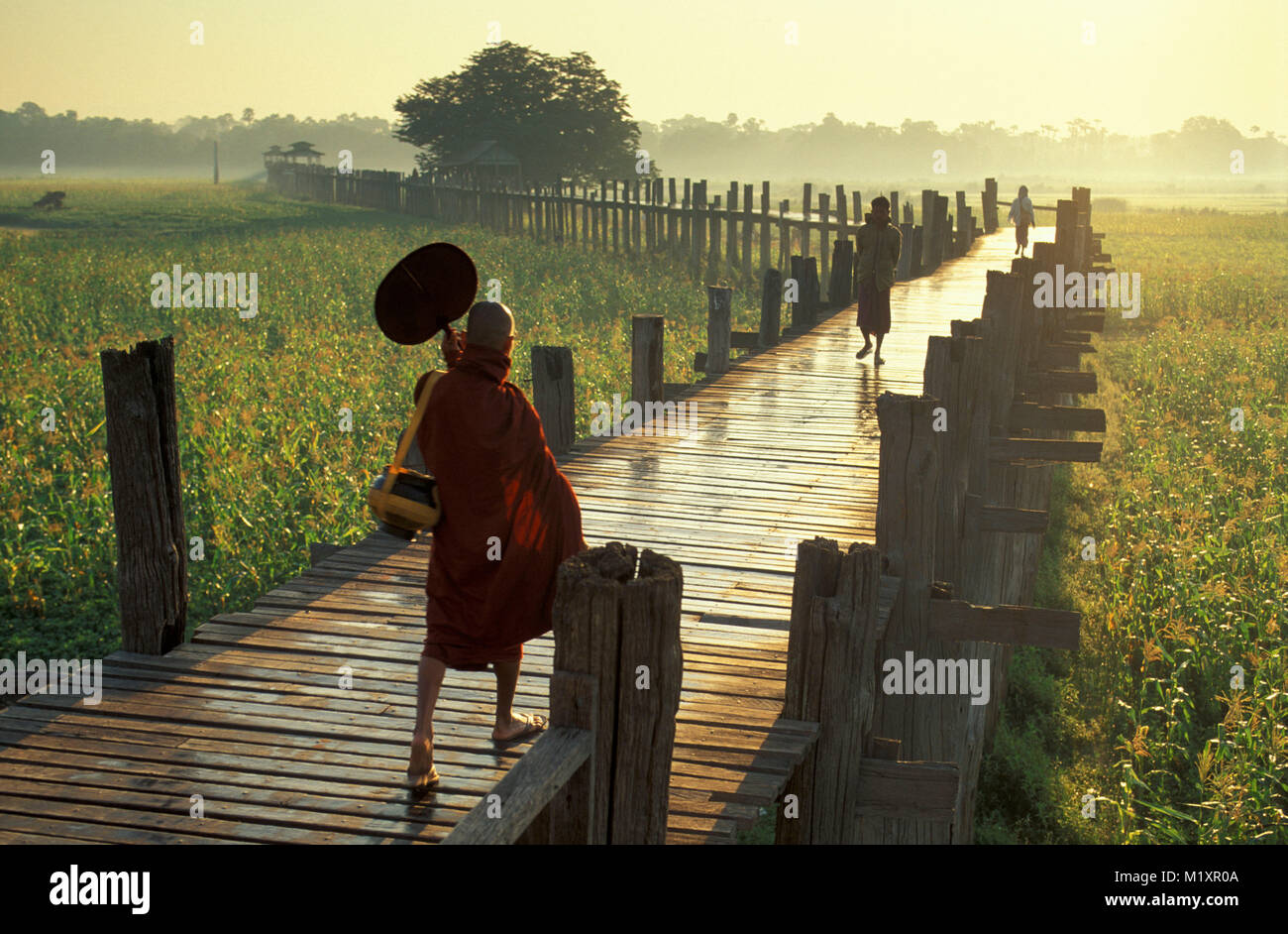 Le Myanmar. Amarapura près de Mandalay. Le moine bouddhiste passe pour son quotidien à recueillir de la nourriture crossing U Bein Bridge au lever du soleil. Banque D'Images