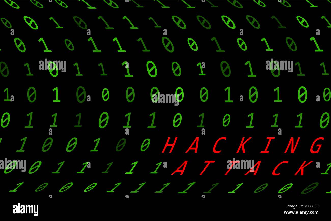 Contexte binaire avec l'attaque de piratage signe sur fond noir Illustration de Vecteur
