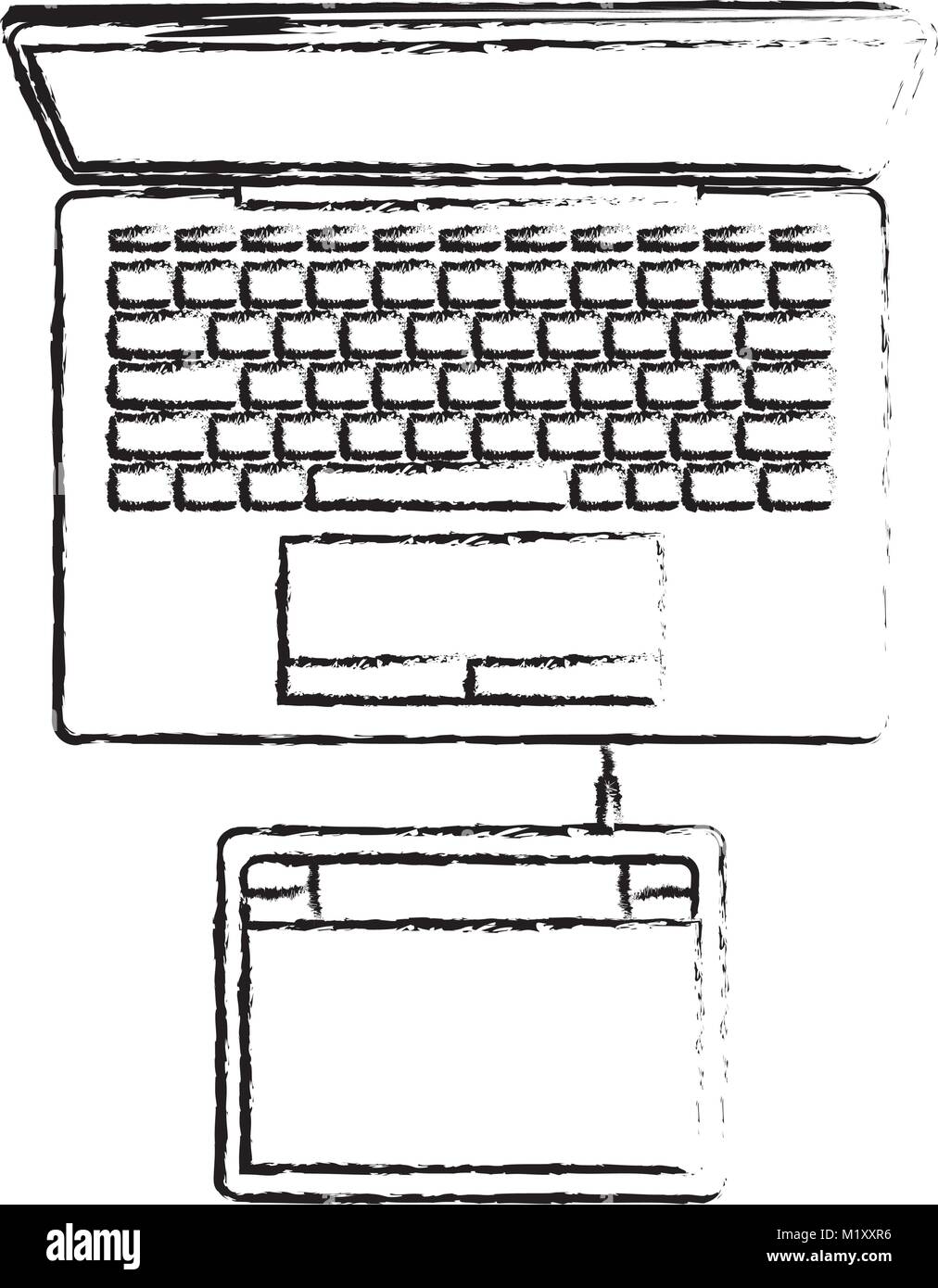 Ordinateur de bureau et un numériseur connexion sur Vue de dessus en noir contour flou Illustration de Vecteur