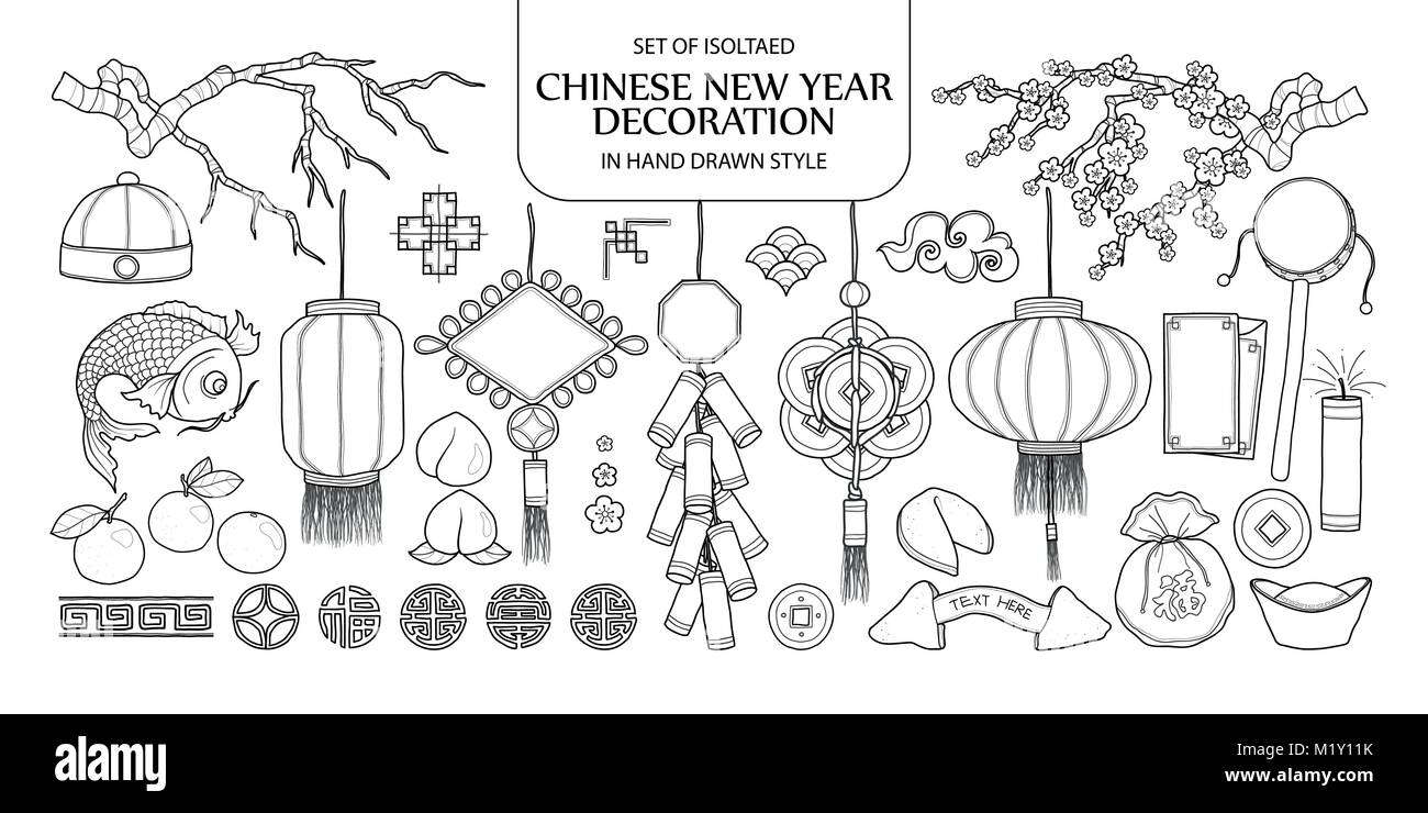 Ensemble de décoration Nouvel An chinois isolés. Cute hand drawn vector illustration en contour noir et blanc avion sur fond blanc. Illustration de Vecteur
