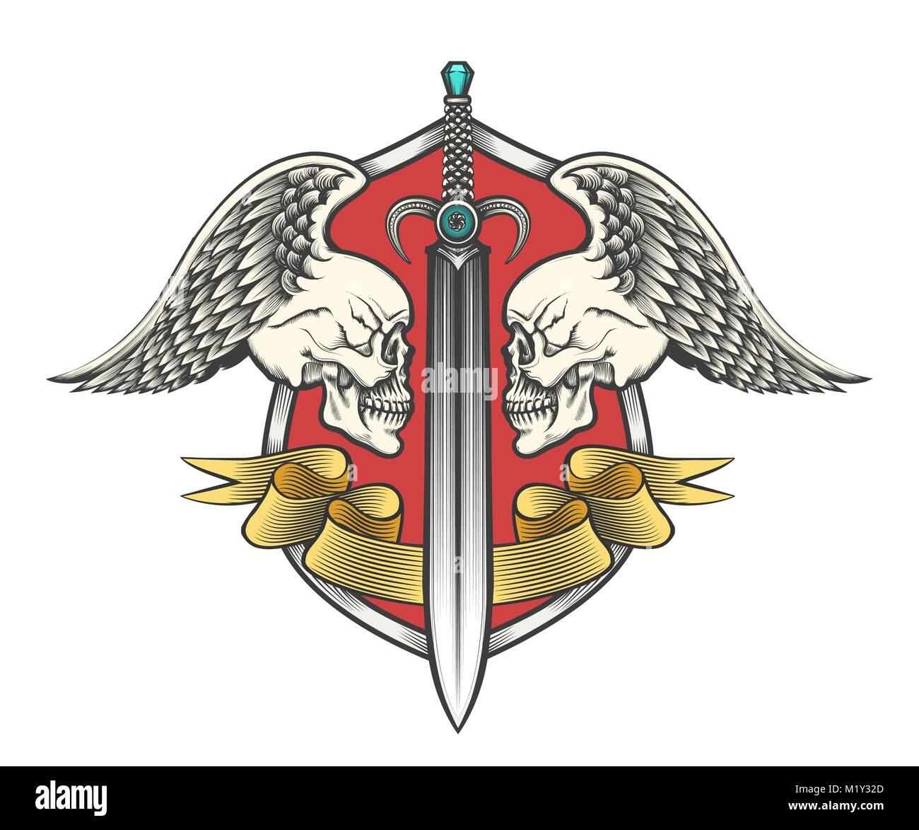 La paire de crânes et d'épées avec le ruban sur la protection. Armoiries de Heraldy tirées dans leur gravure. Vector illustration. Illustration de Vecteur