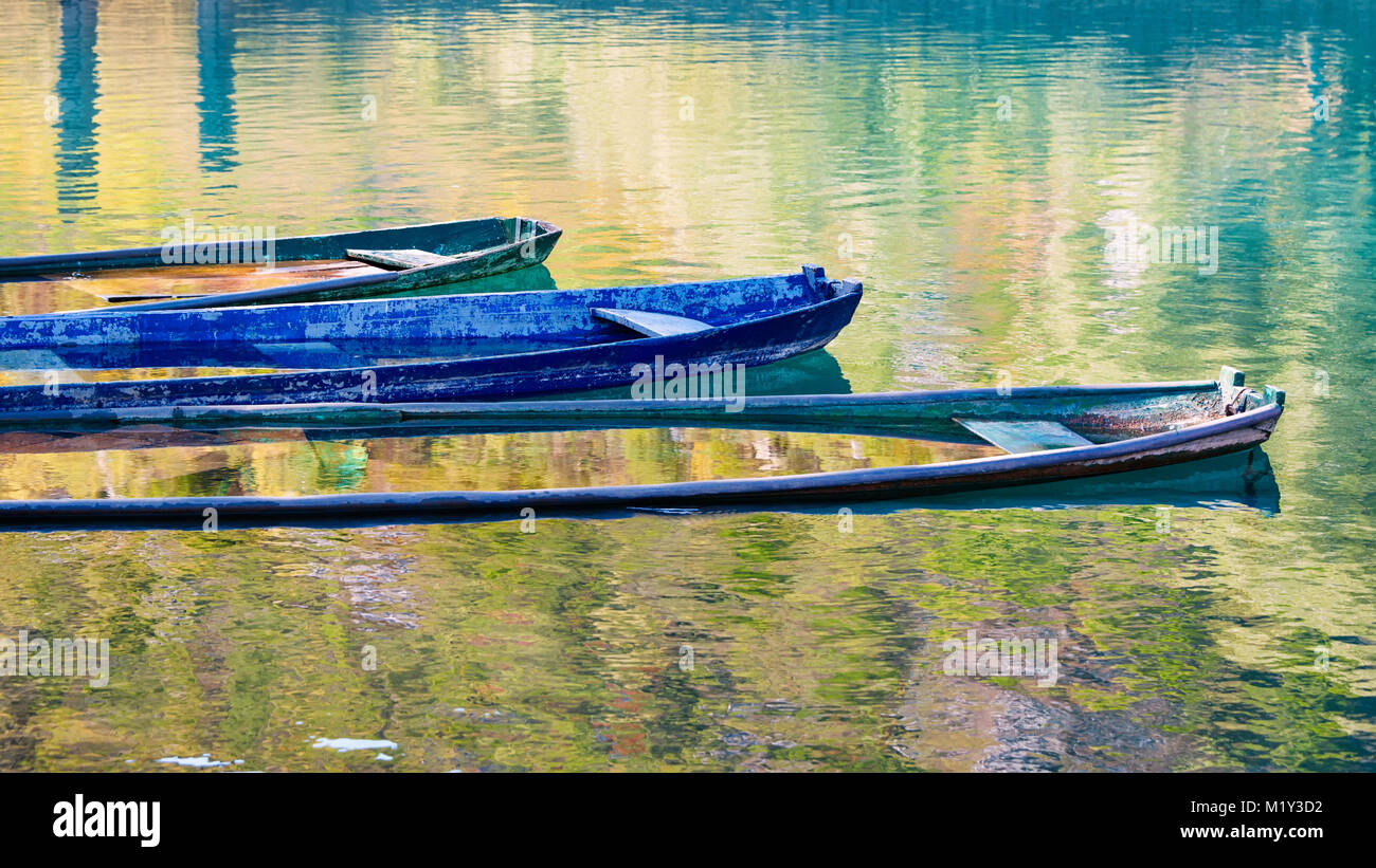 3 anciennes petites barques de pêche en bois coloré rempli d'eau sur le lac Skadar ( Skadarsko jezero), du Monténégro, Crna Gora, dans le sud de l'Europe. Banque D'Images