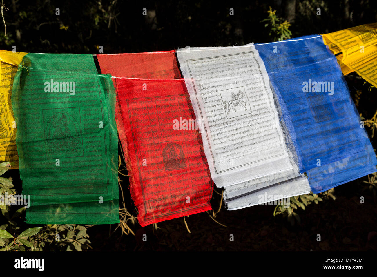 Paro, Bhoutan. Drapeaux de prière bouddhiste sur la piste vers le tigre le nid du monastère. Banque D'Images