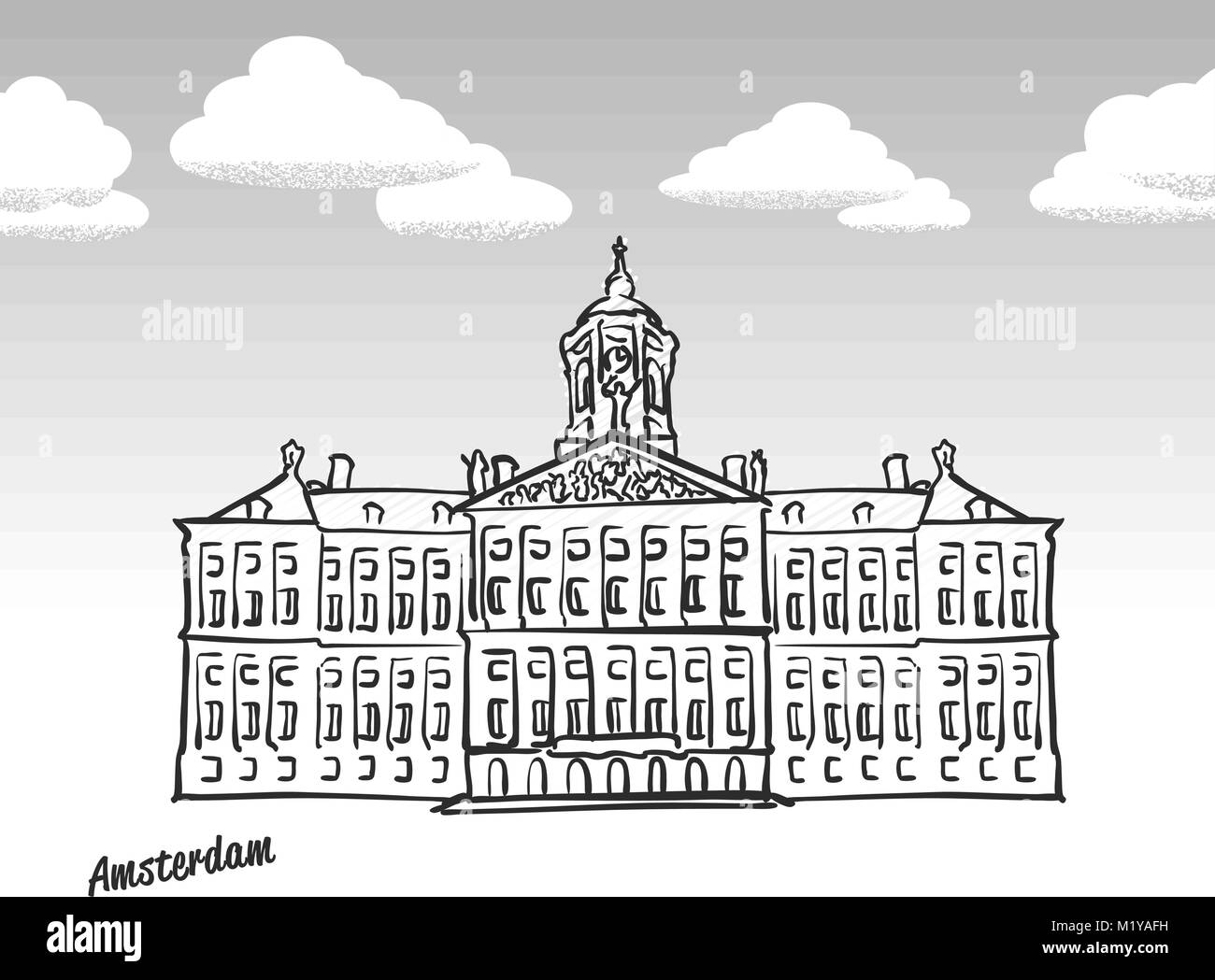 Amsterdam, Pays-Bas célèbre de croquis. Dessin Dessin à la main. L'icône de carte de vœux avec un titre, vector illustration Illustration de Vecteur