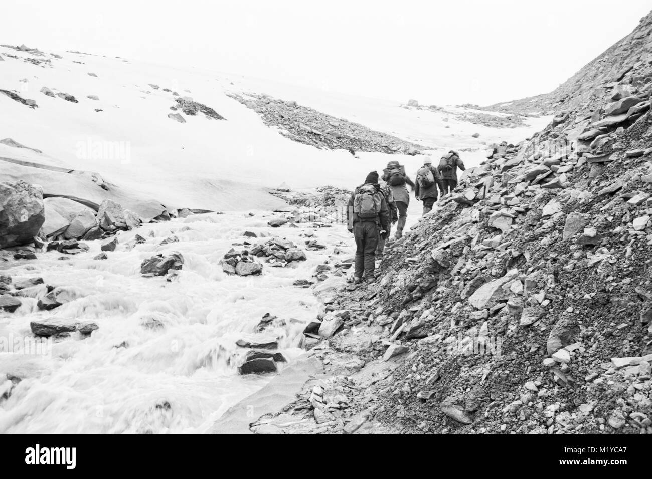 Un groupe de quatre personnes, le dos à la caméra, à pied le long d'un ruisseau qui coule sur l'île de Spitsbergen en juillet 1995 Banque D'Images