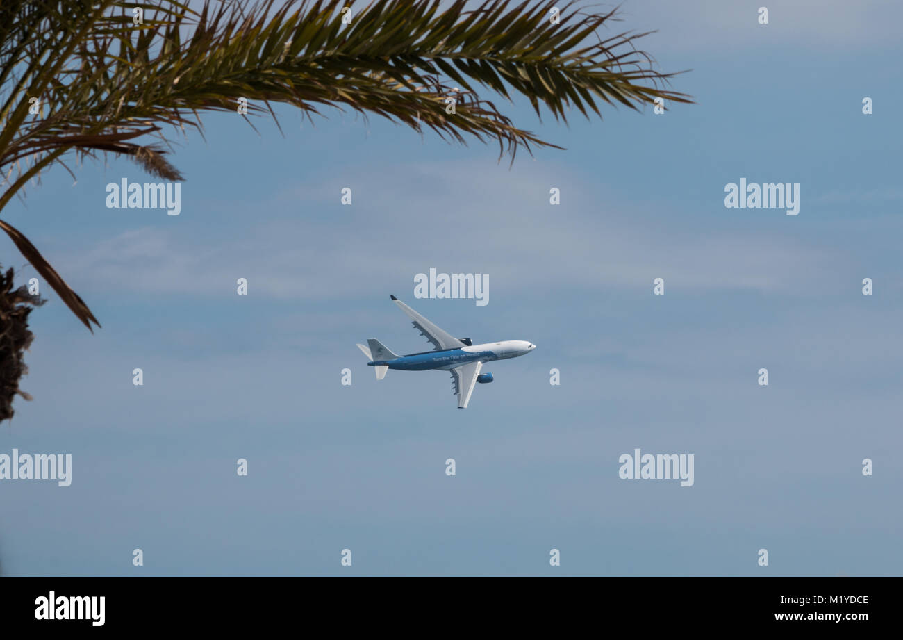 Changer le cours sur l'avion en plastique avant de la Volvo Ocean Race 2017-2018 début. Jumbo solo contre un ciel bleu avec des frondes de palmier. Banque D'Images