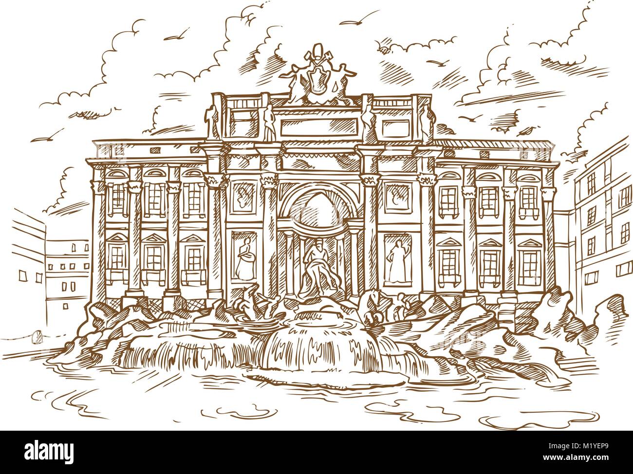 Croquis de la fontaine de Trevi en style retro Illustration de Vecteur