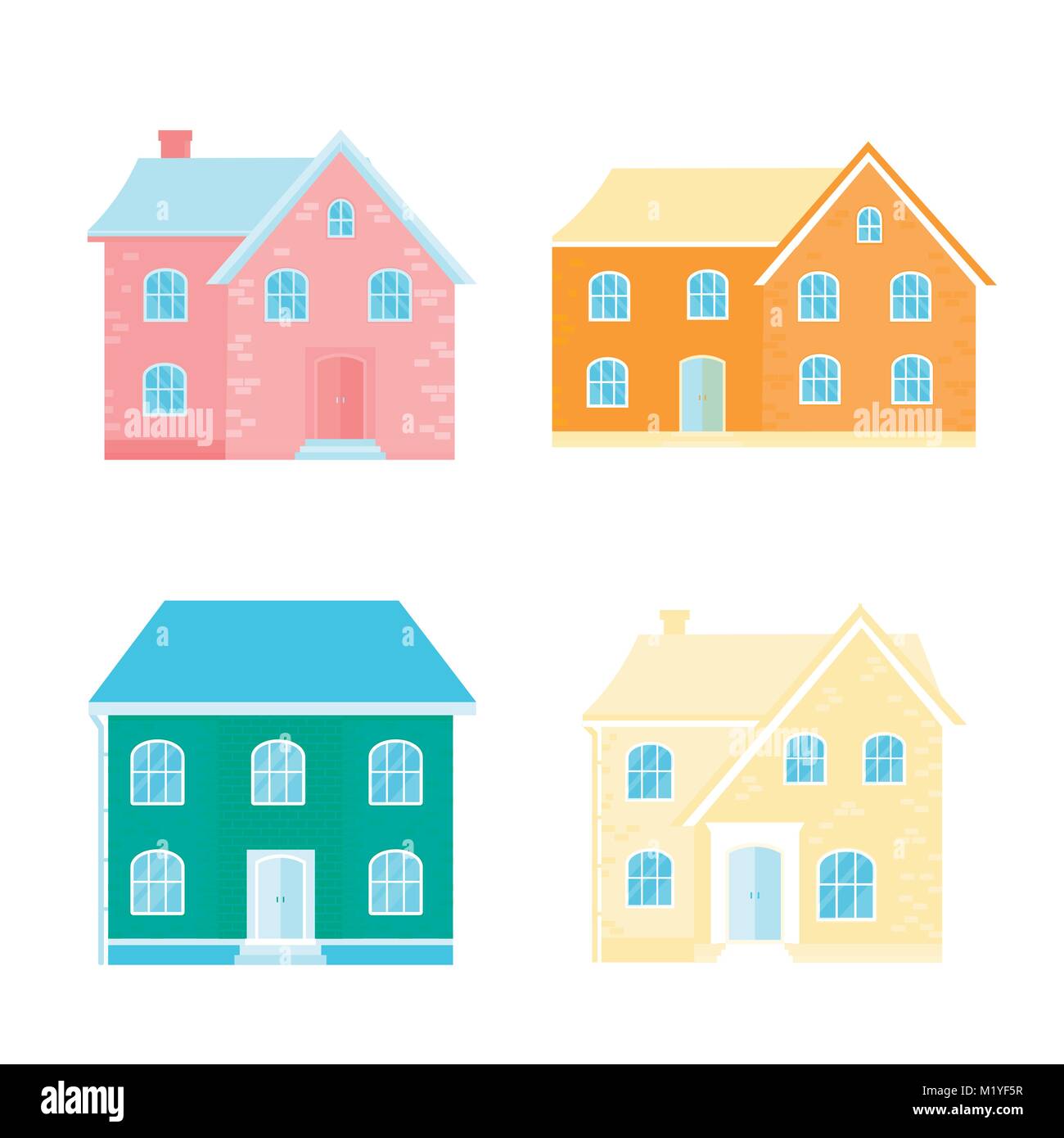 Collection de 4 icônes avec accueil chaleureux, maison, chalet. Bâtiment moderne avec des couleurs pastel. Modèle plat paysage urbain. Illustration de Vecteur
