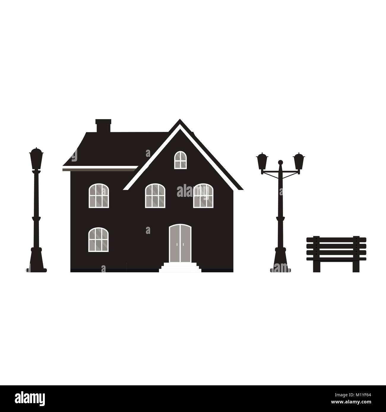Icône moderne silhouette avec maison confortable, maison, chalet, établi et l'éclairage. Smart building, noir et blanc. Modèle plat paysage urbain. Illustration de Vecteur