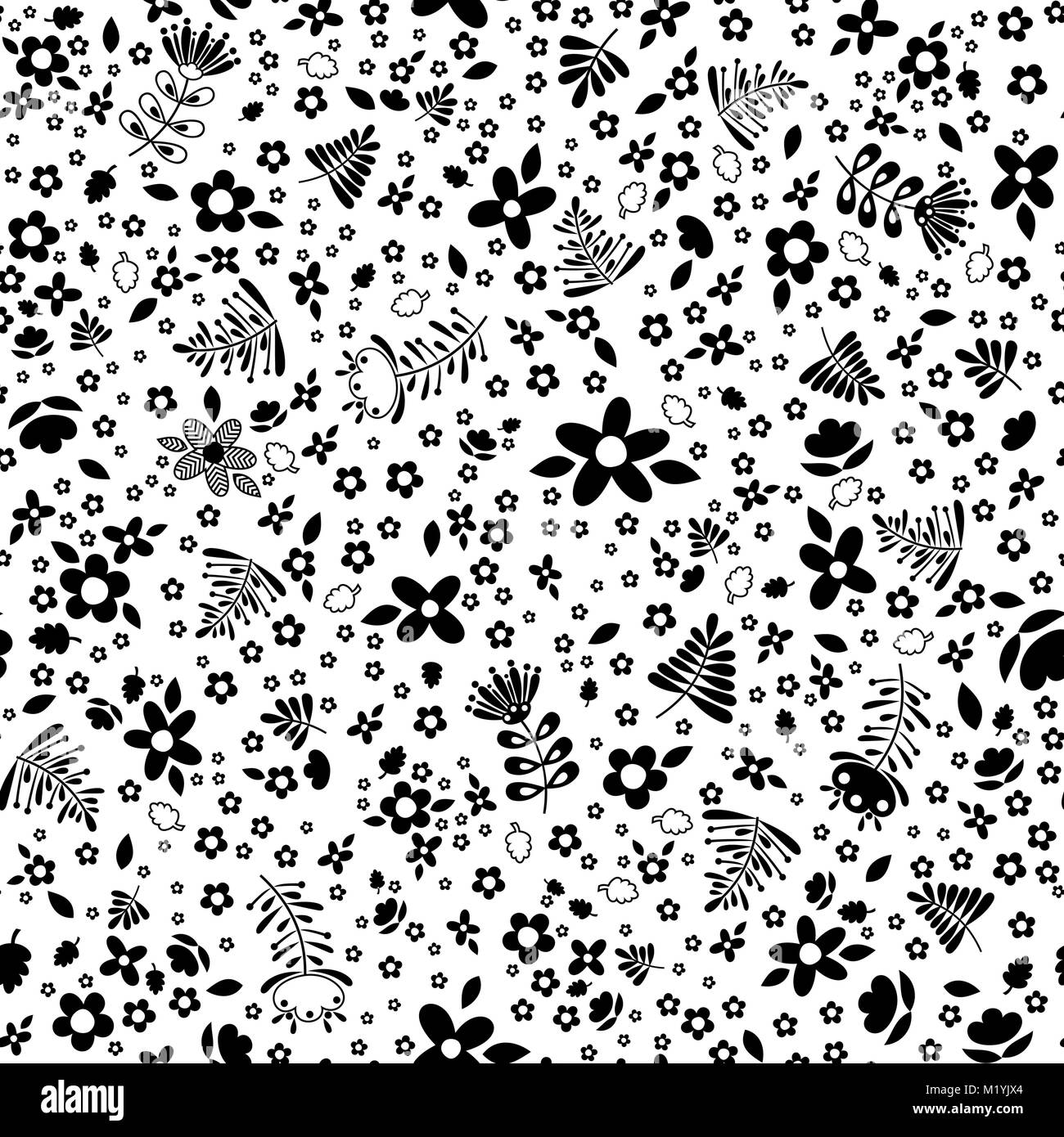 Modèle sans couture à la mode avec le résumé des fleurs et des feuilles en noir et blanc, design pour les enfants ou au printemps décoration florale Illustration de Vecteur