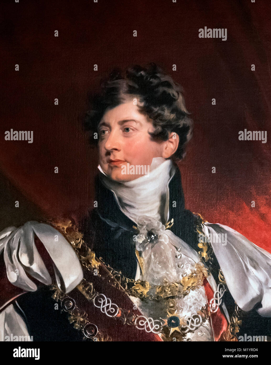 George IV. Portrait du roi George IV, attribué à l'atelier de sir Thomas Lawrence. Détail d'une grande peinture, M1YRD5. Banque D'Images