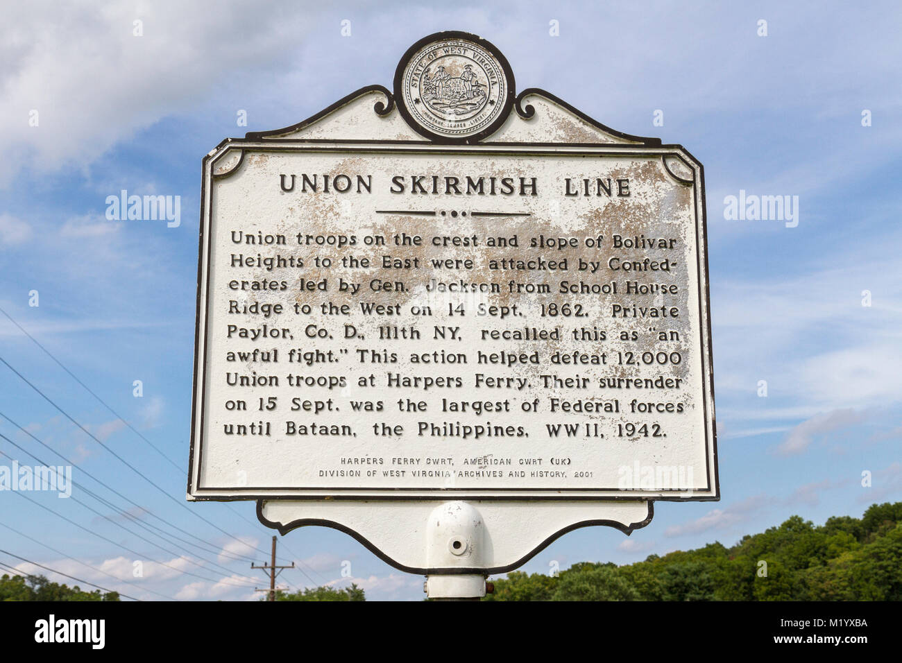 Marqueur de ligne d'escarmouche de l'Union européenne une partie de la 1862 Bataille de Harpers Ferry, West Virginia, United States. Banque D'Images