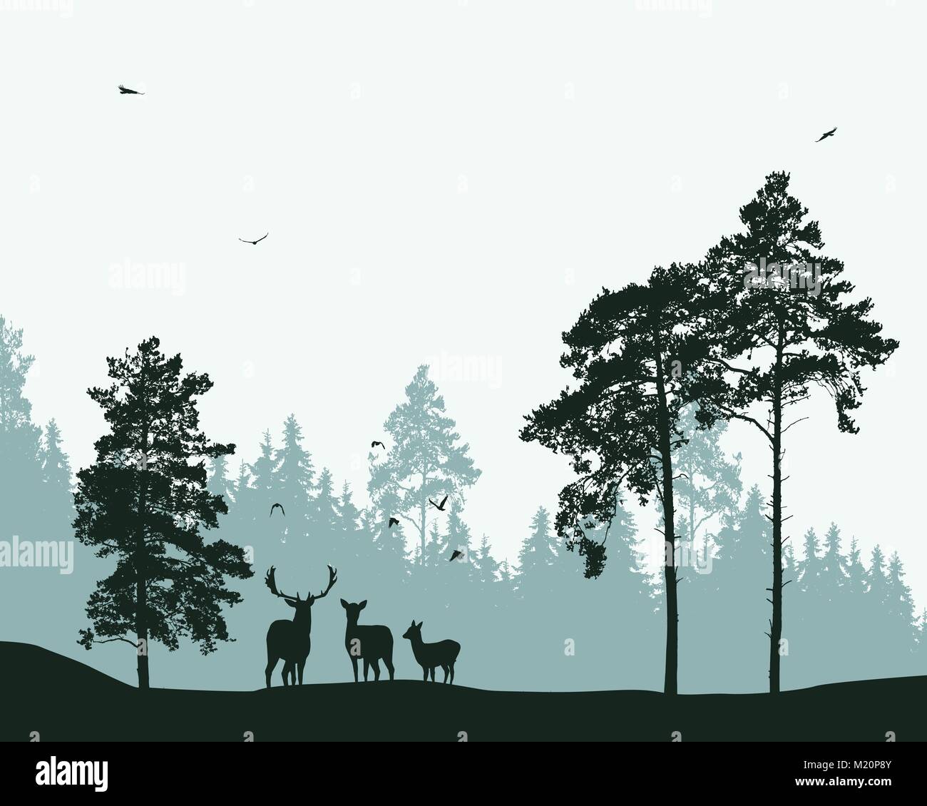 Paysage avec la forêt, les cerfs et les oiseaux en plein vol - vector Illustration de Vecteur