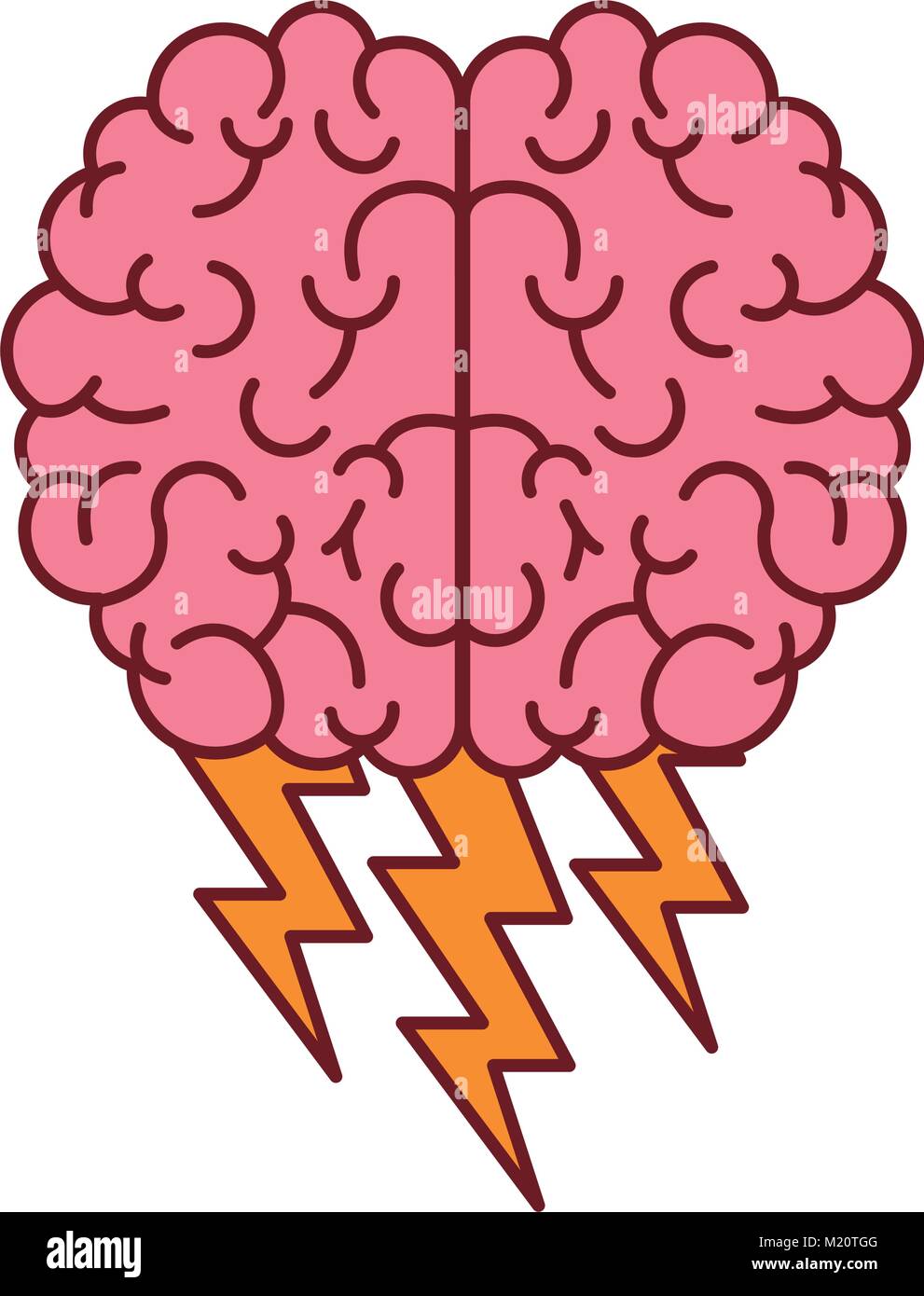 Cerveau en vue supérieure, avec des éclairs dans la silhouette colorée avec contour marron Illustration de Vecteur