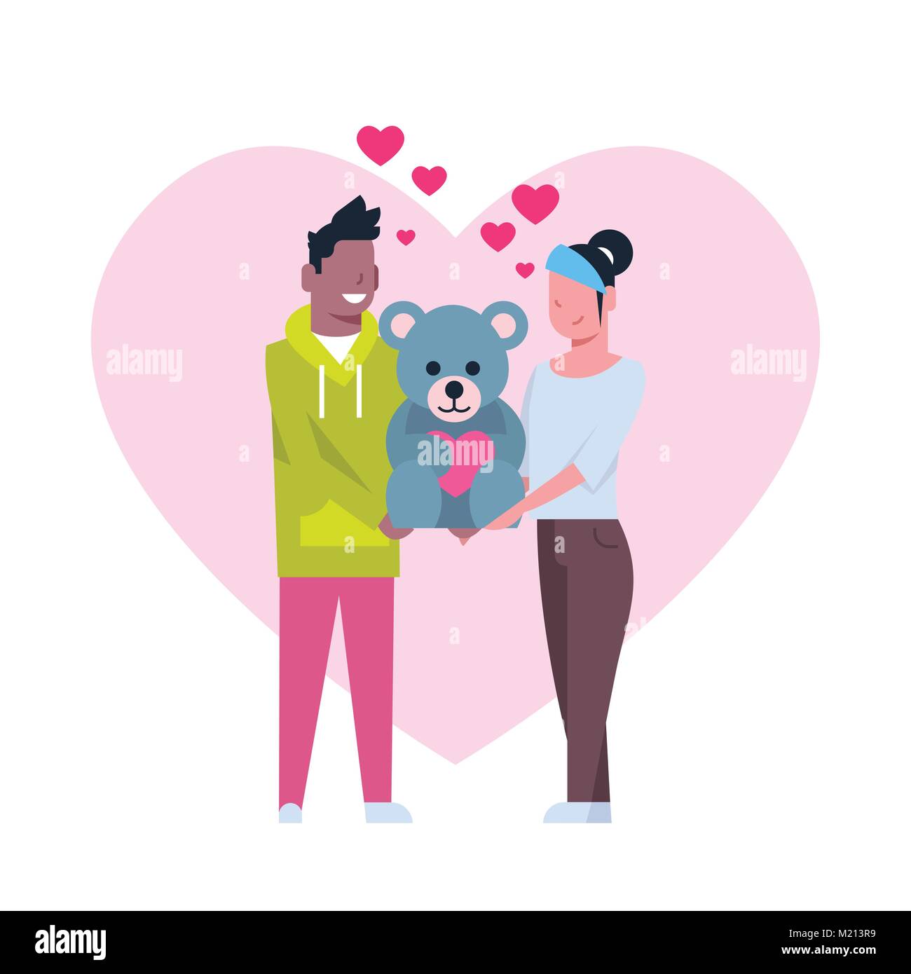 Cute Couple Holding Teddy Bear Toy au fond du coeur de Saint Valentin Concept Illustration de Vecteur