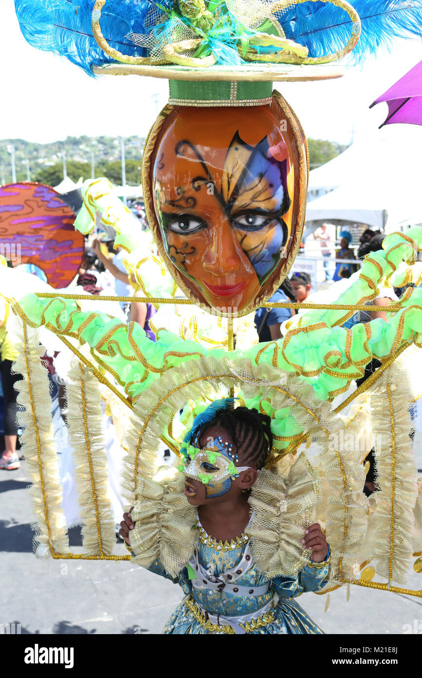 PORT OF SPAIN, TRINIDAD - Dec 03 : Sinai George, 7, effectue au cours de l'Assemblée Croix-rouge Carnaval Junior la concurrence dans le Queen's Park Savannah le Feb 03, 2018 à Port of Spain, Trinidad. (Photo par Sean Drakes/Alamy Live News) Banque D'Images