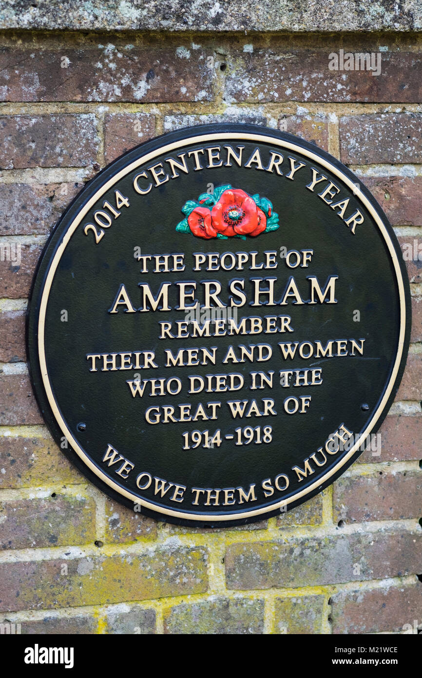 Plaque commémorative pour le centenaire de la Grande Guerre, Amersham, Buckinghamshire, Angleterre, Royaume-Uni Banque D'Images