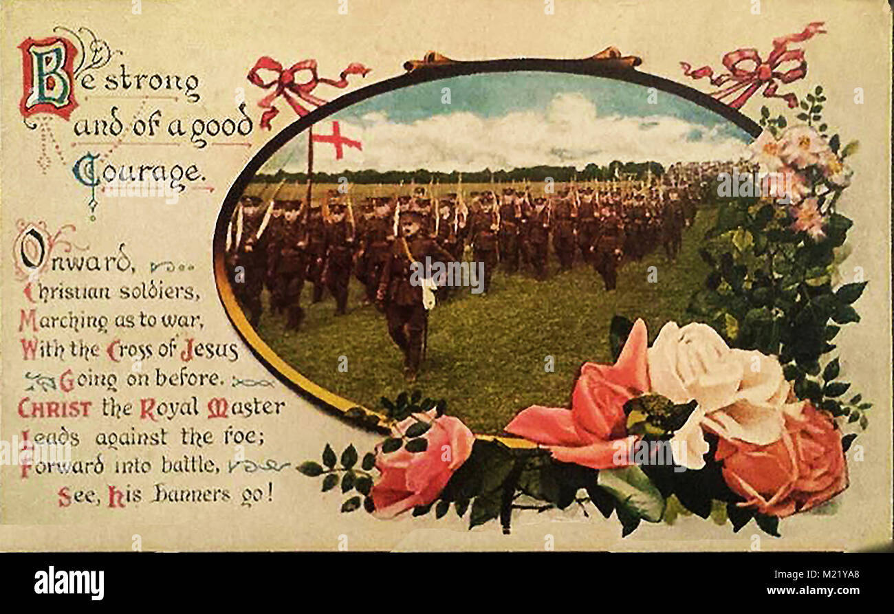 Première Guerre mondiale (1914-1918) alias la Grande Guerre ou Première Guerre mondiale - la guerre des tranchées de la PREMIÈRE GUERRE MONDIALE - Carte postale - soldats britanniques et de l'hymne. "Onward Christian Soldiers' Banque D'Images