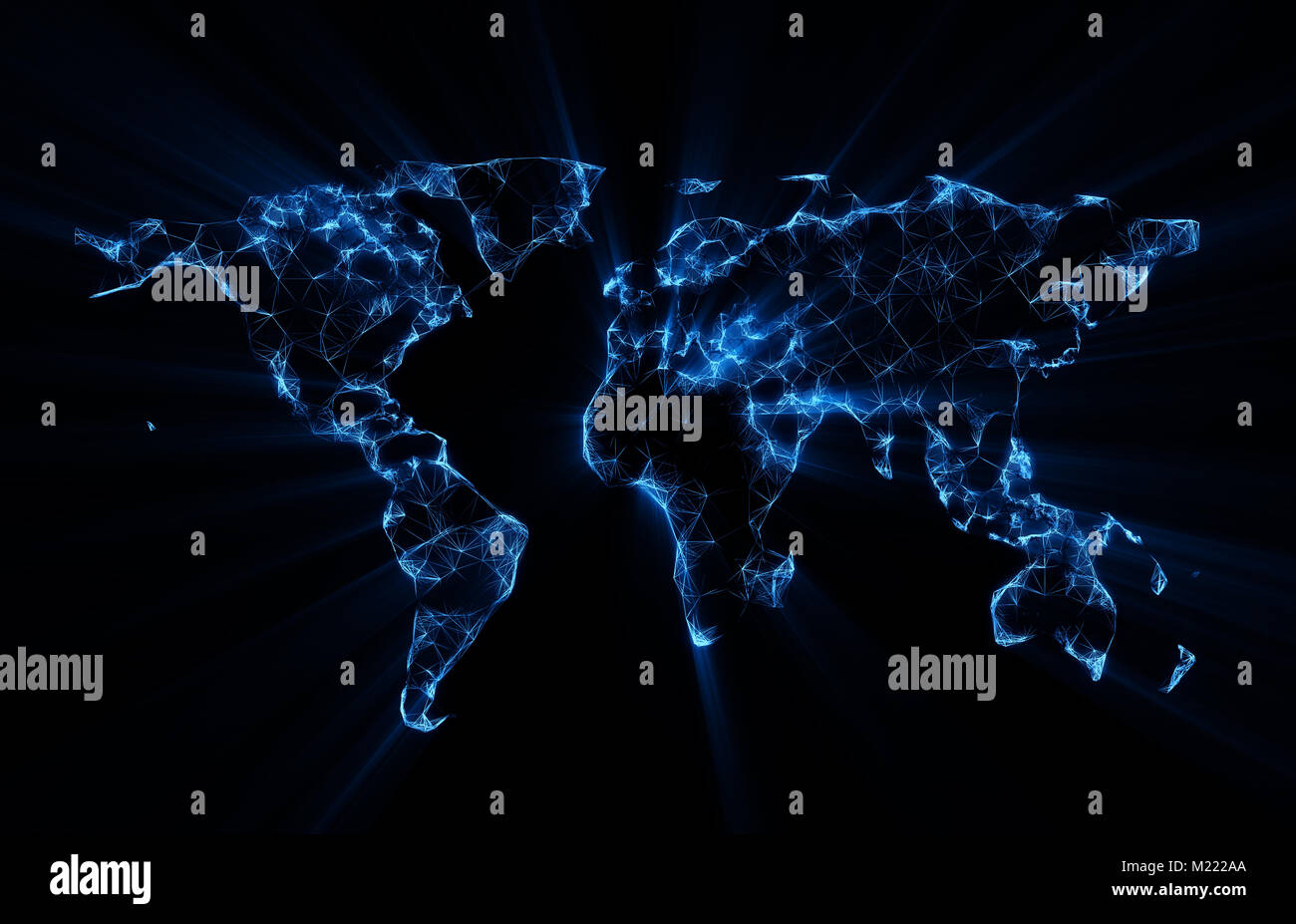 Carte du monde polygone faible brillant bleu sur fond noir Banque D'Images