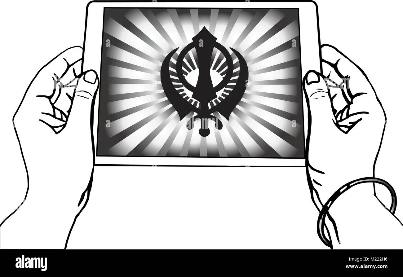 Mains tenant une tablette sur laquelle le Khanda est le symbole du sikhisme. Le noir et blanc, rayons gradient un arrière-plan transparent, bouton. Vector Illustration de Vecteur