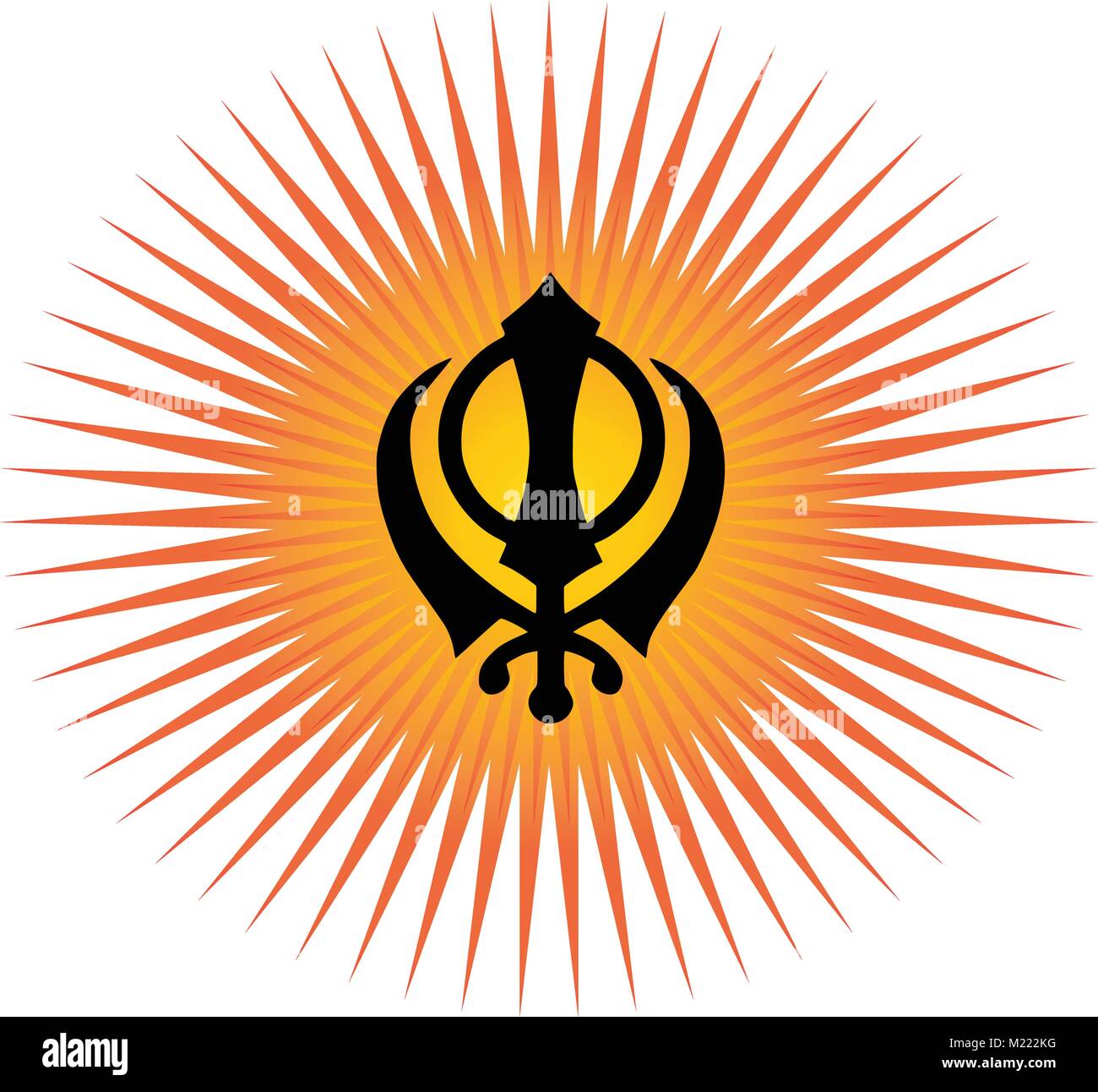 Khanda est le symbole le plus significatif du sikhisme. Dégradé de rouge et d'or, fond transparent, les rayons du soleil rouge, bouton. Vector Illustration de Vecteur