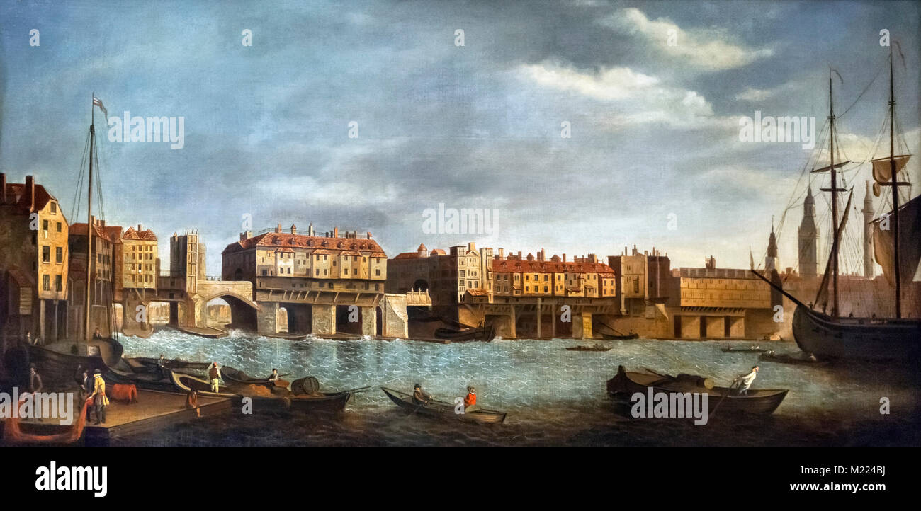 Old London Bridge de Southwark après Samuel Scott (1702-1772), huile sur toile, milieu des années 1700. La peinture montre Old London Bridge peu avant la démolition de ses bâtiments en 1760. Banque D'Images