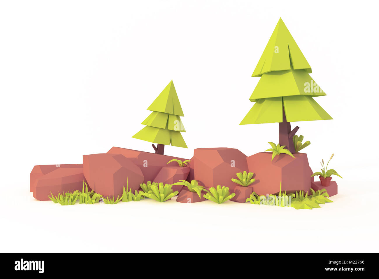 Bas paysage art poly arbre isolé et rock 3D render Banque D'Images