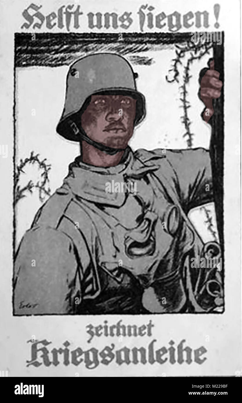 Première Guerre mondiale (1914-1918) alias la Grande Guerre ou Première Guerre mondiale - la guerre des tranchées de la Première Guerre mondiale - Une carte postale allemande avec un soldat en uniforme entouré de barbelés des obligations de guerre allemand publicité Banque D'Images