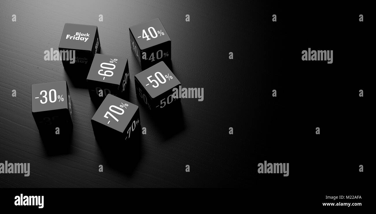 Le vendredi noir vente concept. Commode noir sur fond de cubes en bois noir, bannière, copiez l'espace. 3d illustration Banque D'Images