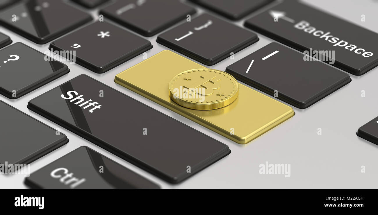 Concept Cryptocurrency. Le bitcoin or golden touche entrée d'un ordinateur portable moderne. 3d illustration Banque D'Images