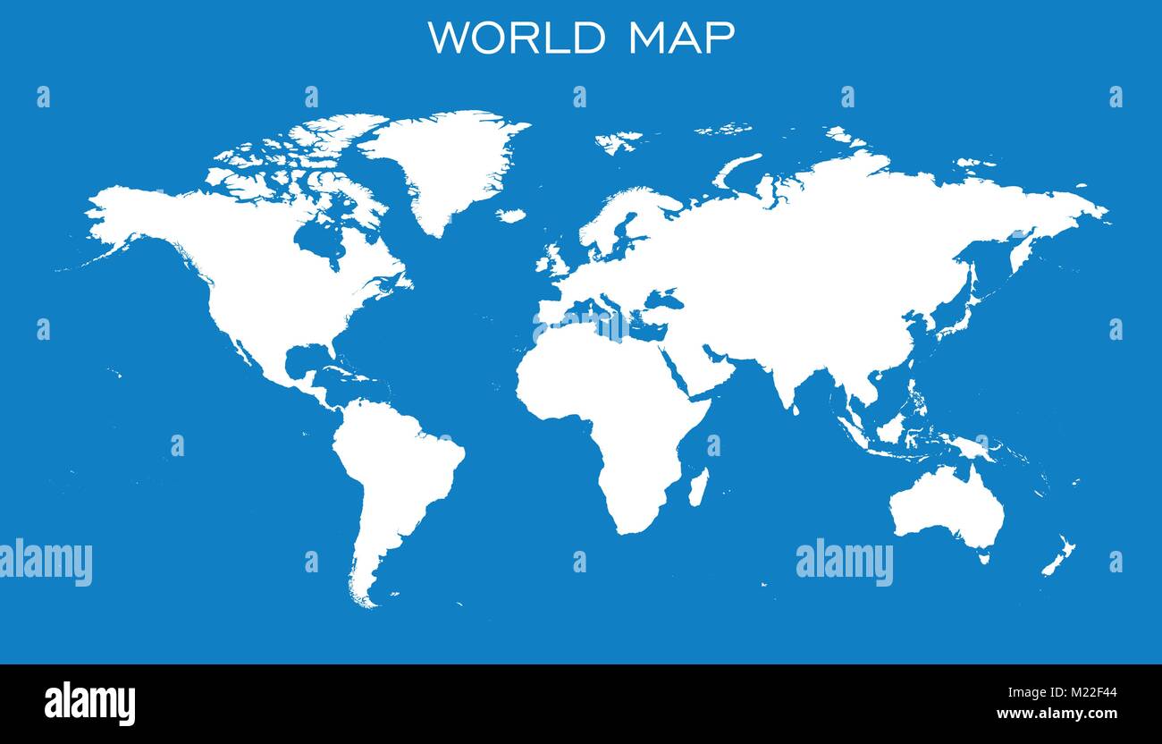 Carte du monde blanc isolé sur fond bleu. Carte du monde vector modèle pour site web, infographie, design. Flat Earth world map illustration. Illustration de Vecteur